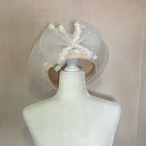 Juan Ell women's vintage cream & white bumper church hat w/ netting and sequins